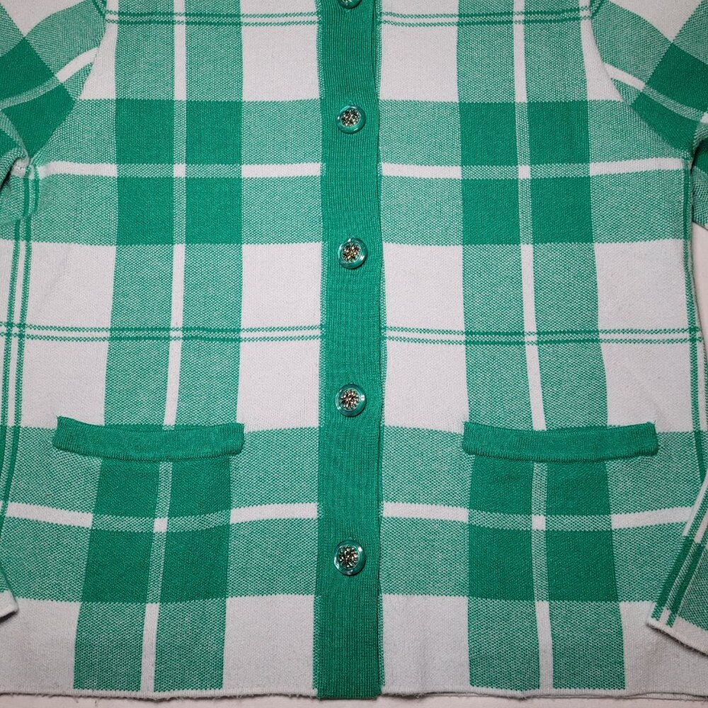 Cynthia Rowley Plaid Button Front Cardigan Sweater Green White Medium Preppy - Picture 4 of 10